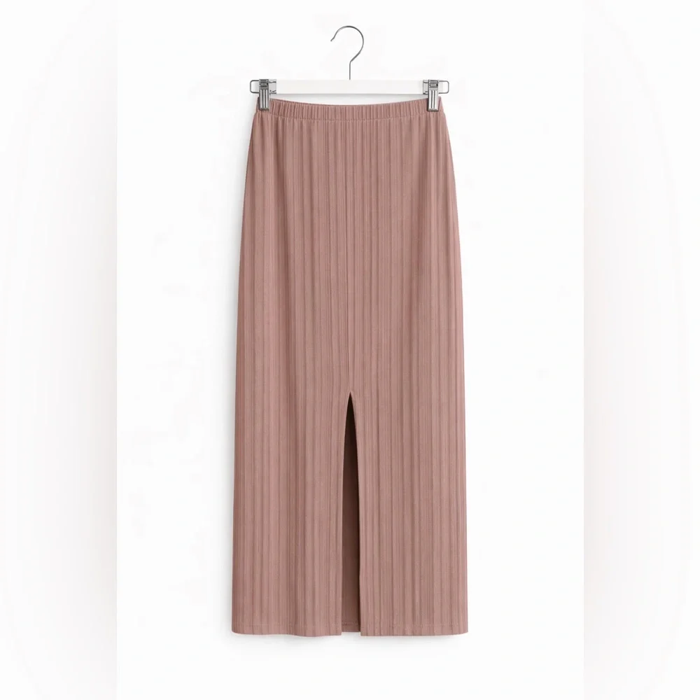 Abound Tan Beige Ribbed Knit High Slit Straight Column Maxi Skirt Size XS